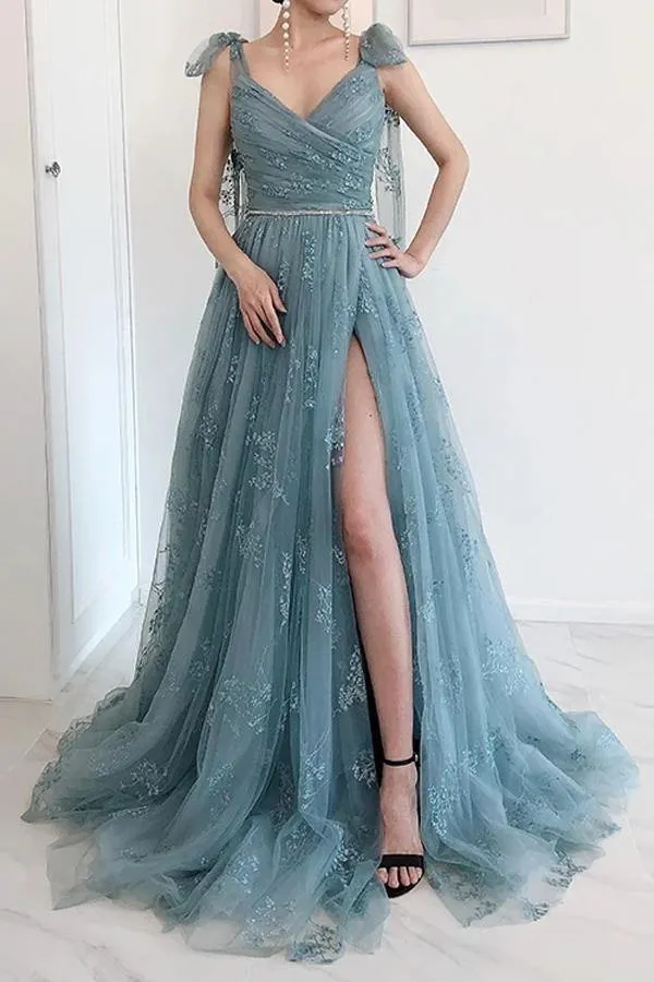 A-Line Bow Tie Straps Lace High Split Tulle Prom Dress, Evening Dress GRD020