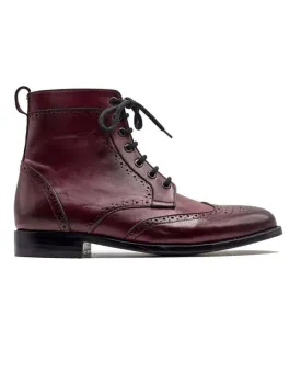 Ankle High Handmade Cordovan Ankle High Boots, Wing Tip Lace Up Leather Boots