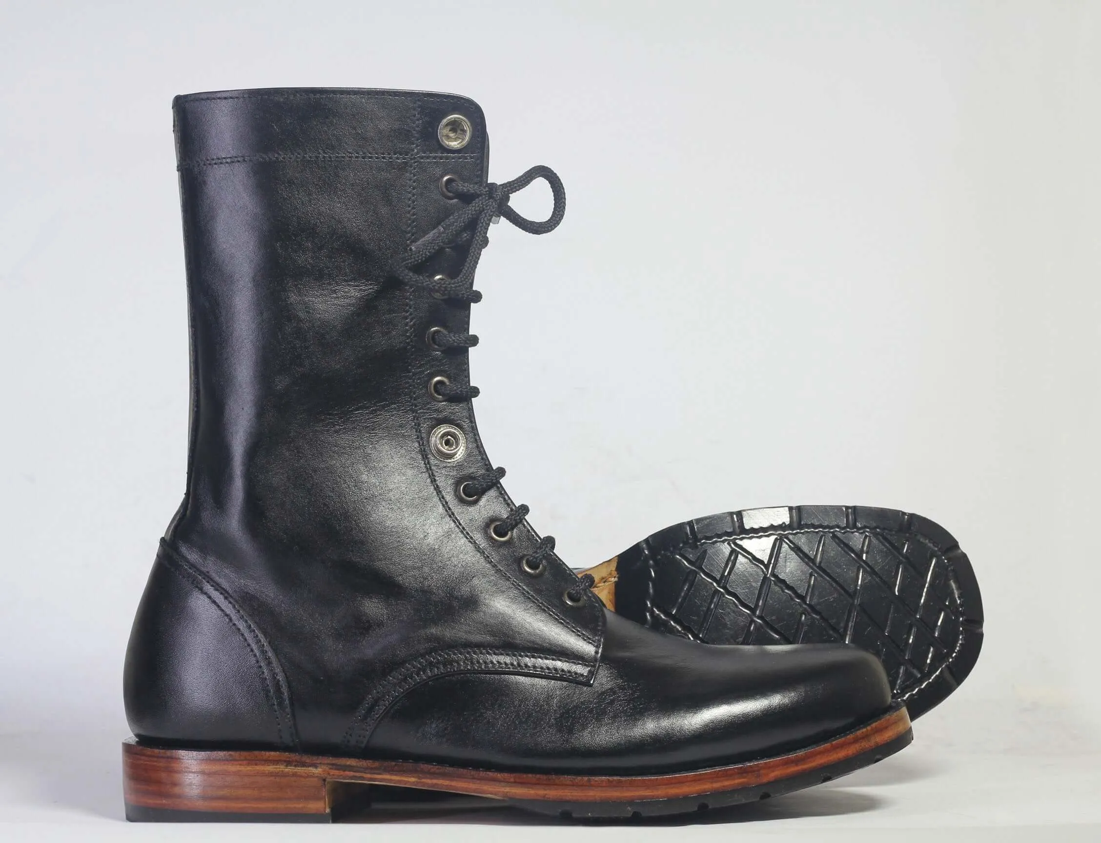 Bespoke Black Ankle High Leather Lace Up Stylish Boots