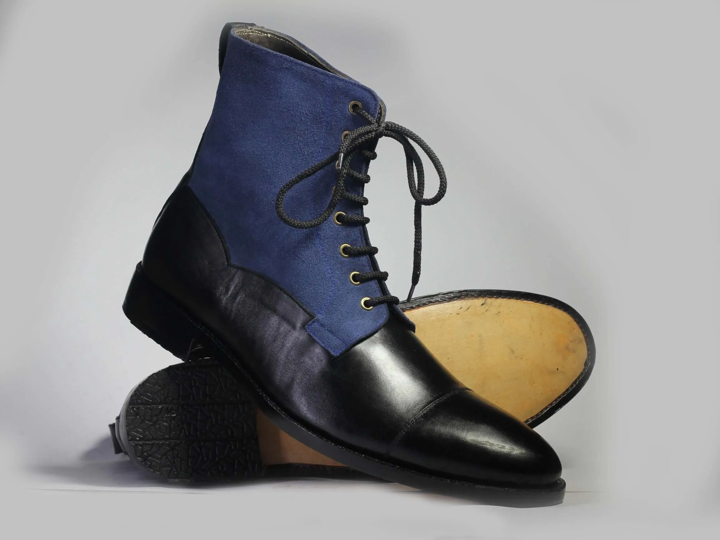 Bespoke Black Blue Leather Suede Ankle High Lace Up Boots