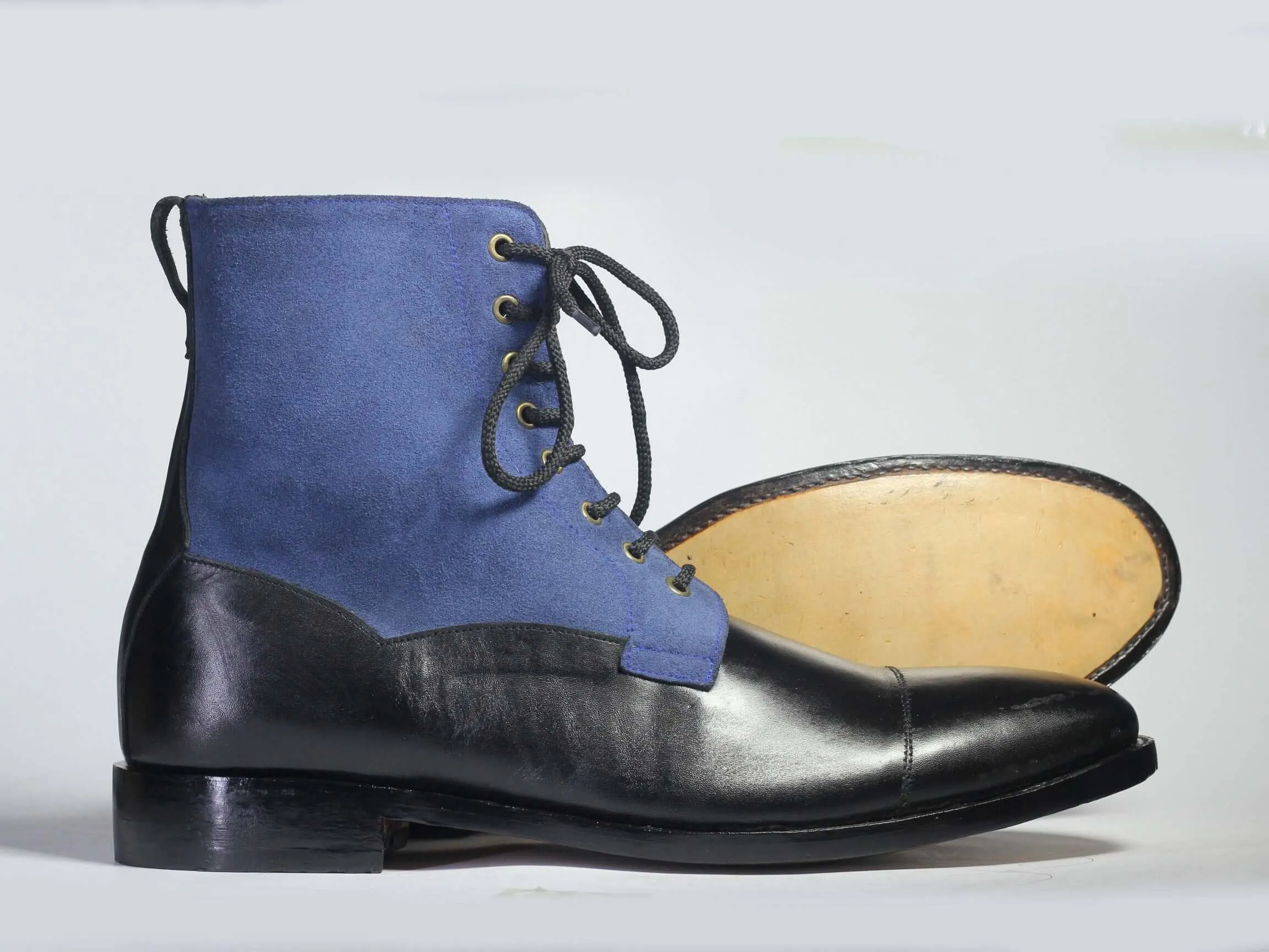 Bespoke Black Blue Leather Suede Ankle High Lace Up Boots