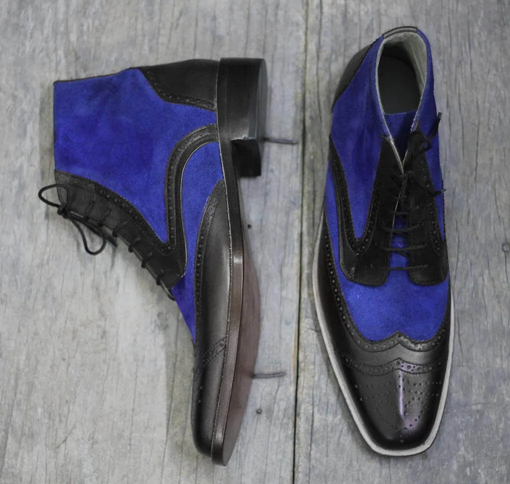 Bespoke Black Blue Leather Suede Ankle Wing Tip Lace Up Boots