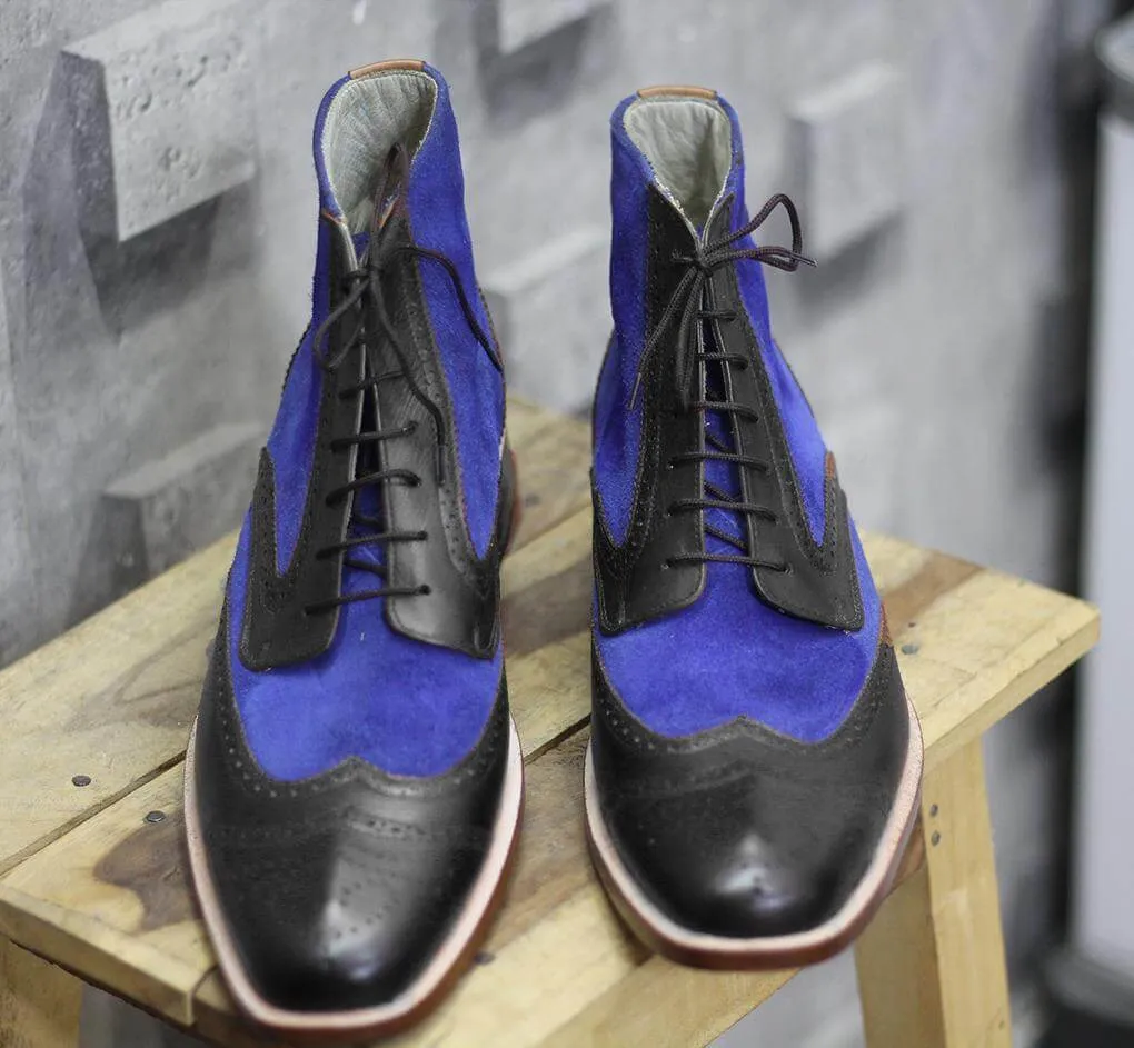 Bespoke Black Blue Leather Suede Ankle Wing Tip Lace Up Boots