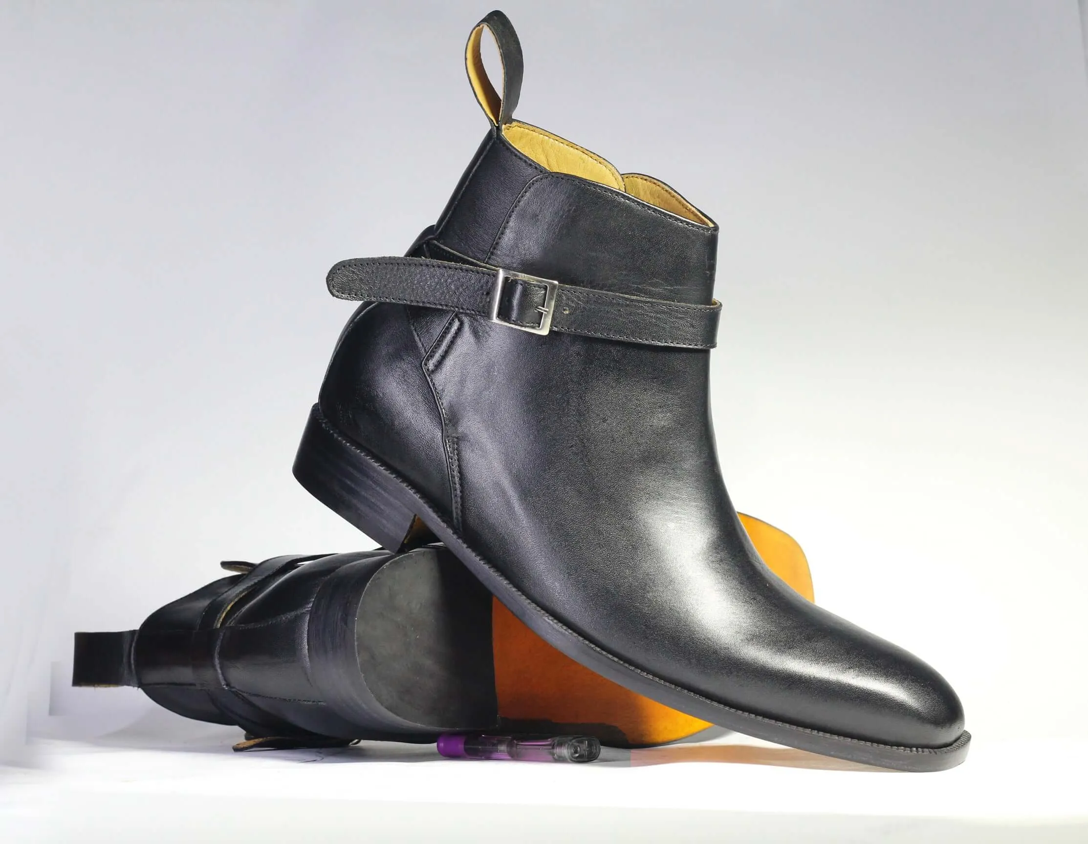 Bespoke Black Leather Half Ankle Buckle Up Boot