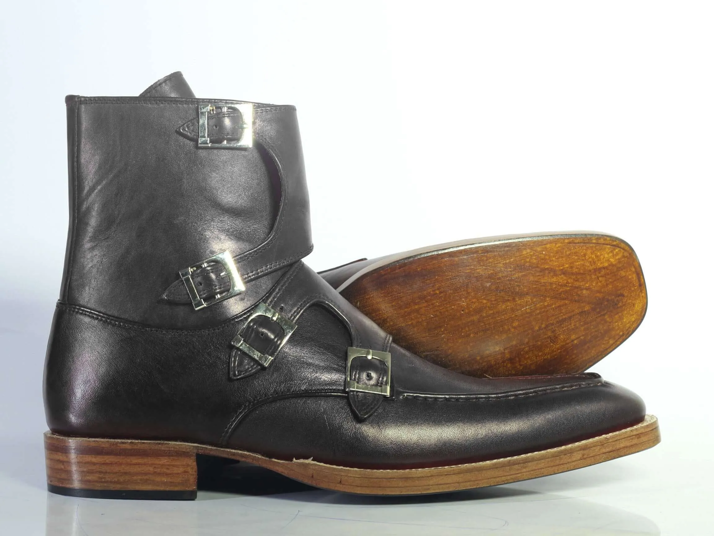 Bespoke Black Leather High Ankle Monk Strap Boots