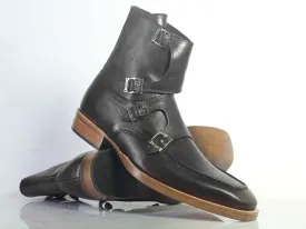 Bespoke Black Leather High Ankle Monk Strap Boots