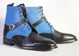 Bespoke Black Sky Blue Leather Ankle Buckle Up Boots