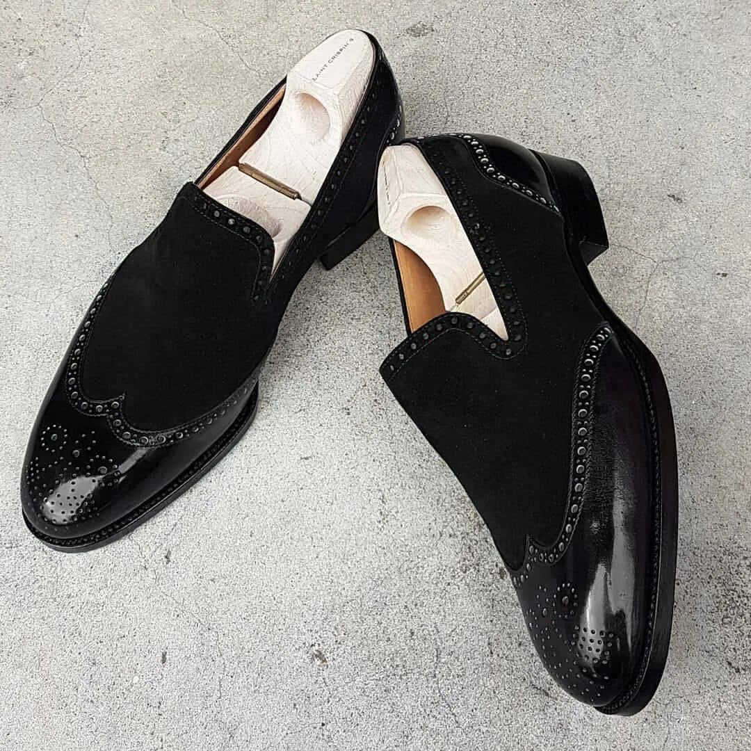 Bespoke Black  Suede Leather Wing Tip Toe Loafer Shoe