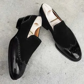 Bespoke Black  Suede Leather Wing Tip Toe Loafer Shoe