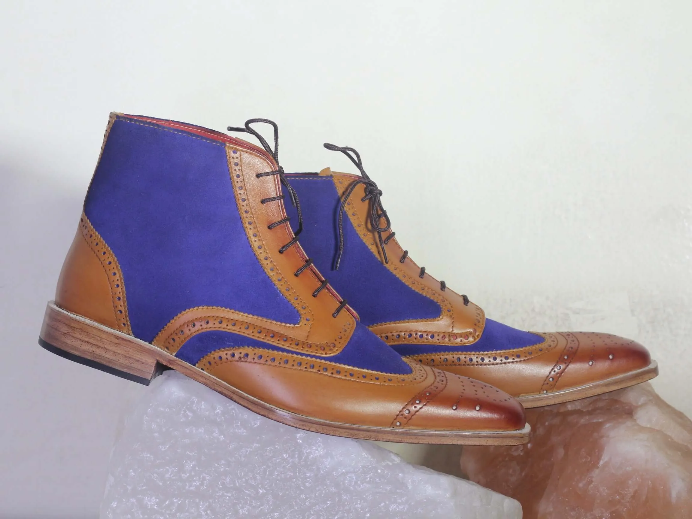 Bespoke Blue & Brown Leather Suede Wing Tip Ankle Lace Up Boot