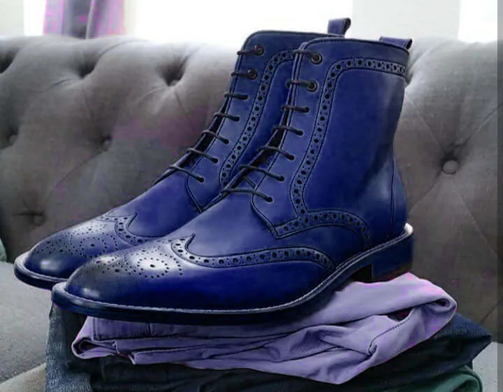 Bespoke Blue Leather Wing Tip Lace Up Brogue Toe Boot