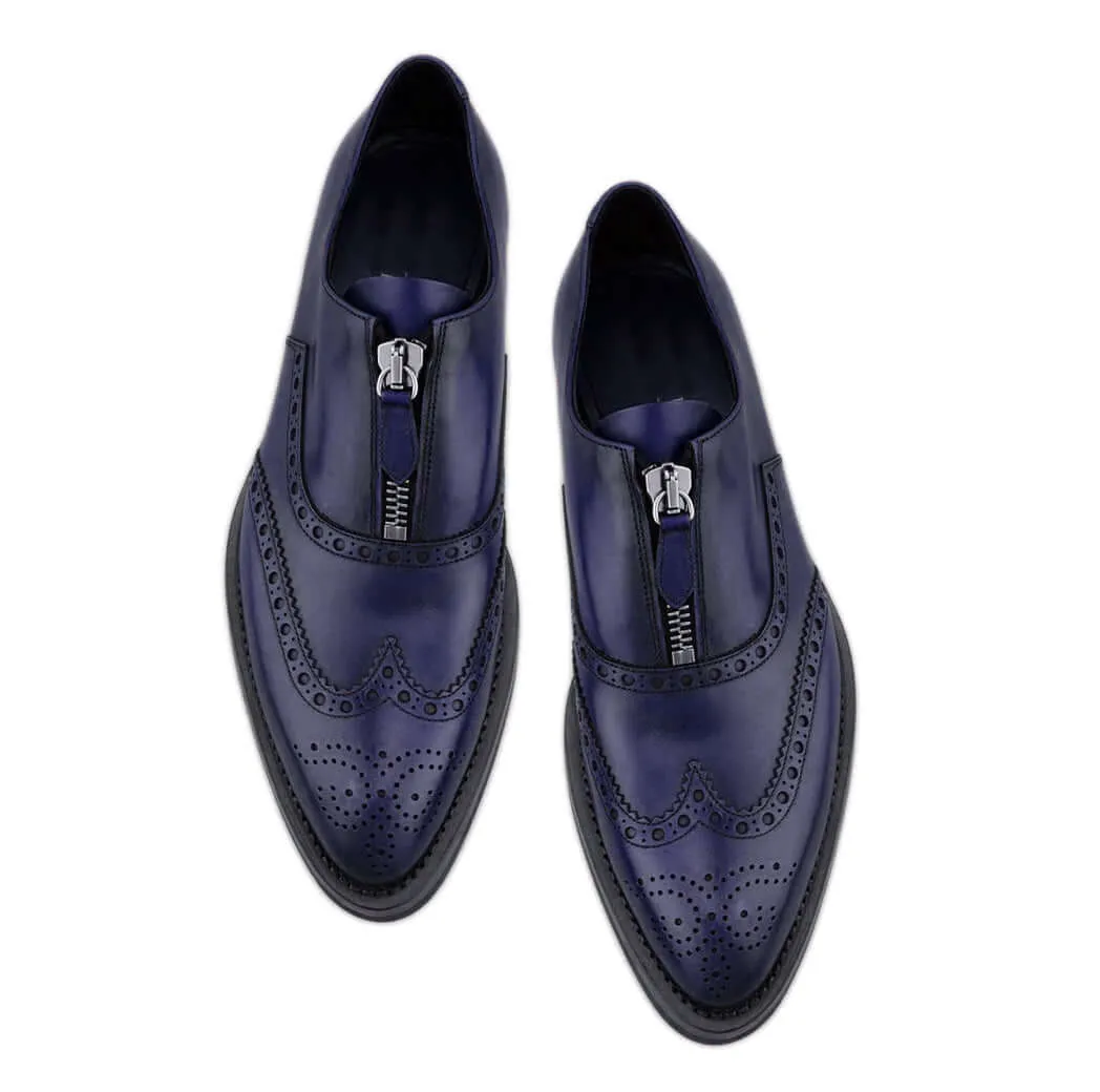 Bespoke Blue Leather Wing Tip Zip Up Shoe for Men