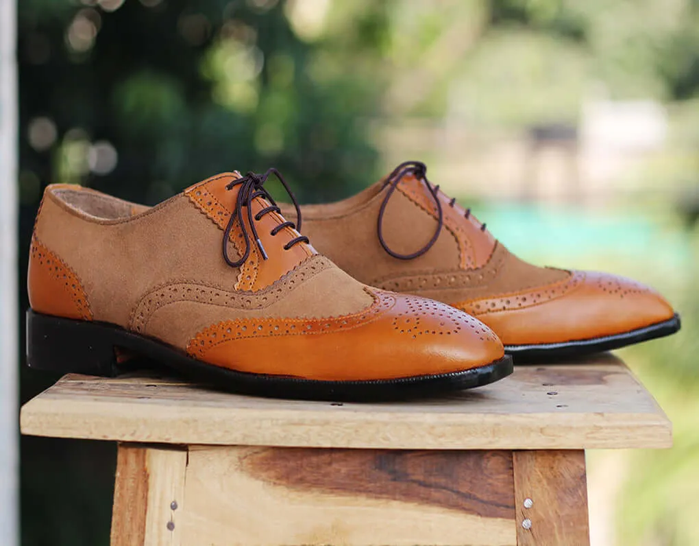 Bespoke Brown & Tan Suede Wing Tip Brogue Toe Lace Up Shoe for Men