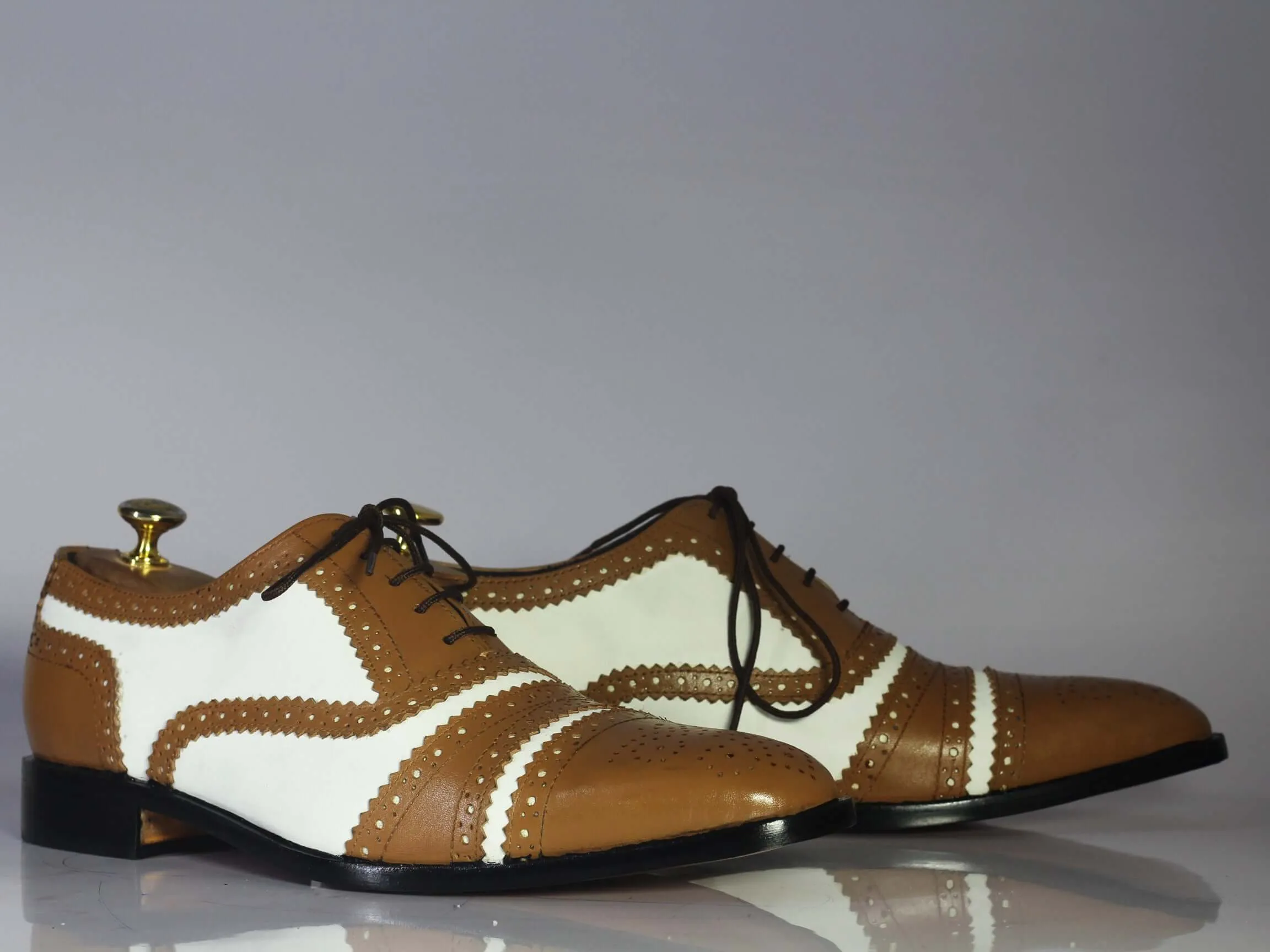 Bespoke Brown & White Leather Cap Toe Lace Up Shoe for Men