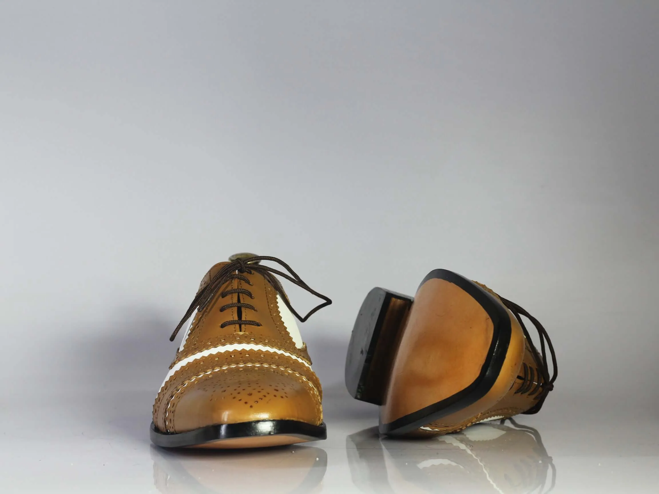 Bespoke Brown & White Leather Cap Toe Lace Up Shoe for Men