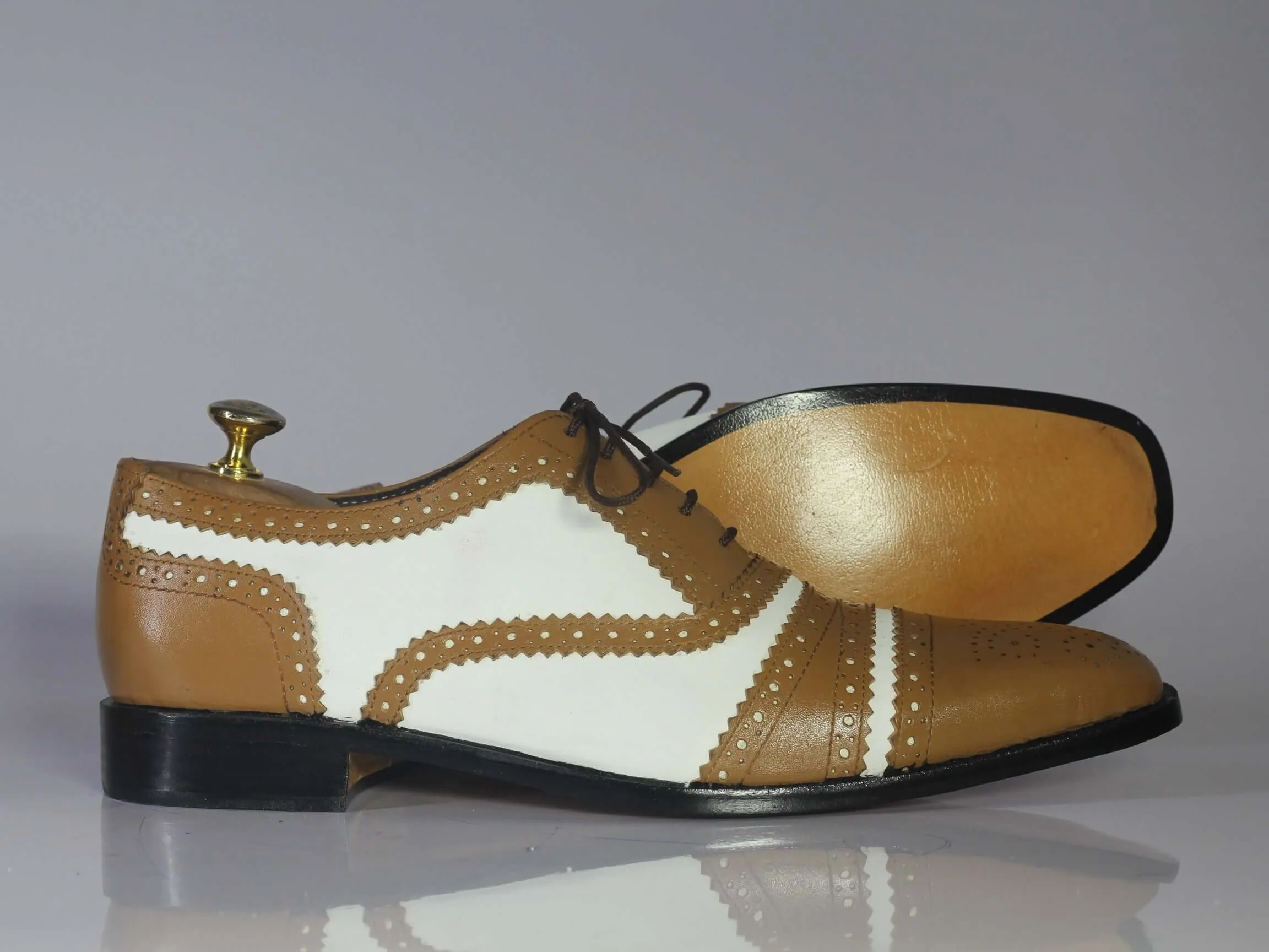 Bespoke Brown & White Leather Cap Toe Lace Up Shoe for Men