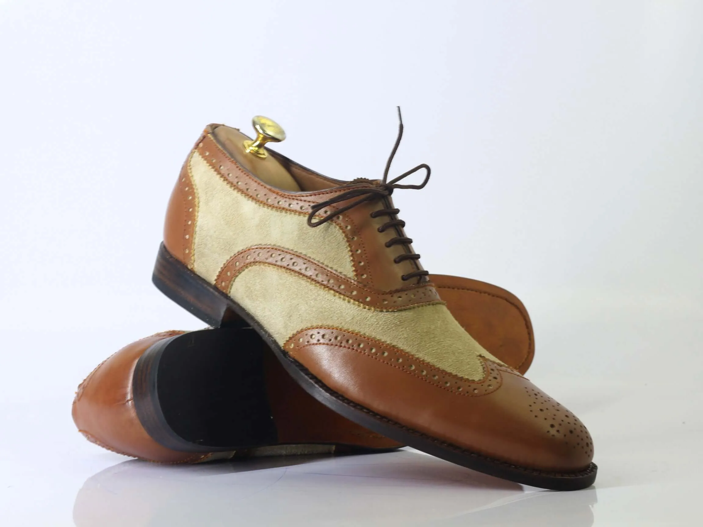 Bespoke Brown Beige Leather Suede Wing Tip Lace Up Shoes