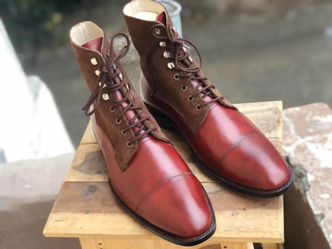 Bespoke Brown Burgundy Leather Suede Ankle Lace Up Boot