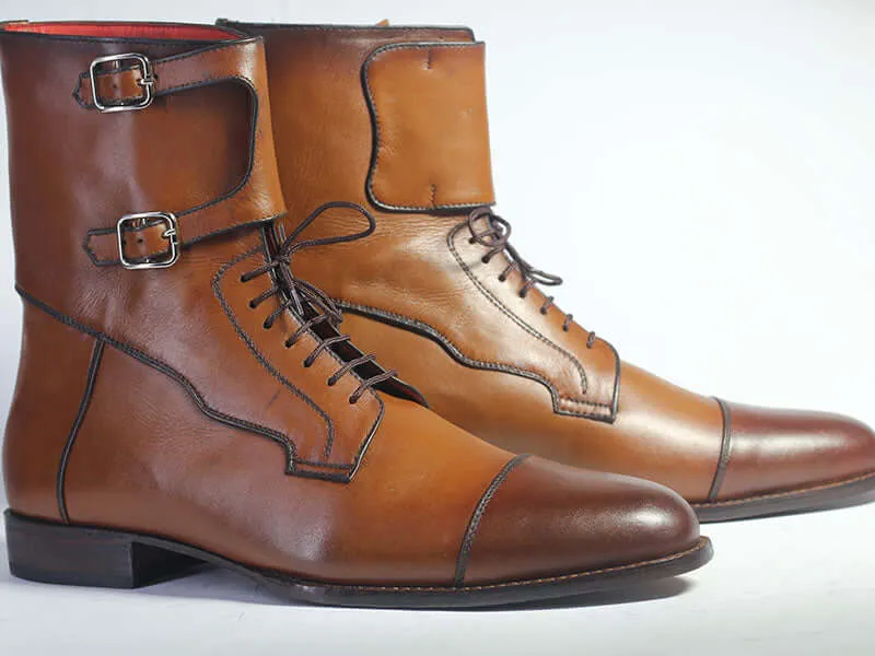 Bespoke Brown Leather Ankle High Monk Strap Lace Up Boots