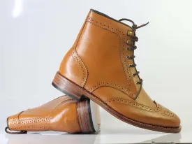 Bespoke Brown Leather Ankle Wing Tip Brogue Toe Boots