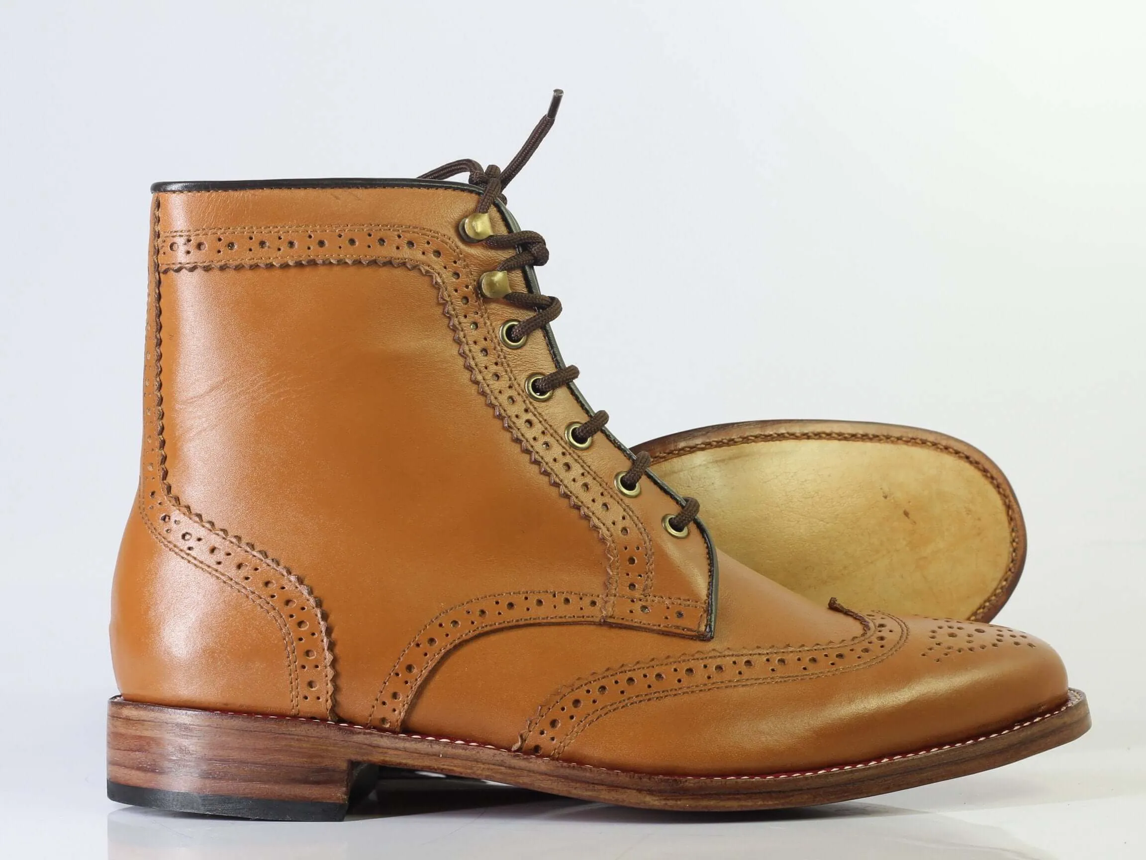 Bespoke Brown Leather Ankle Wing Tip Brogue Toe Boots