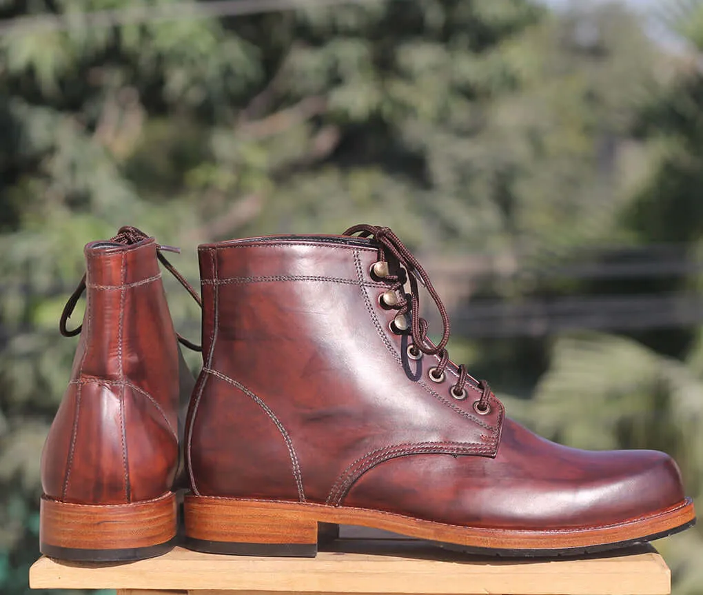 Bespoke Burgundy Leather High Ankle Lace Up Boots