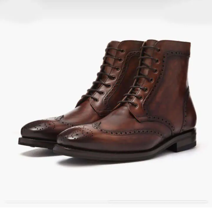 Bespoke Dark Brown Leather Wing Tip Ankle Lace Up Boots