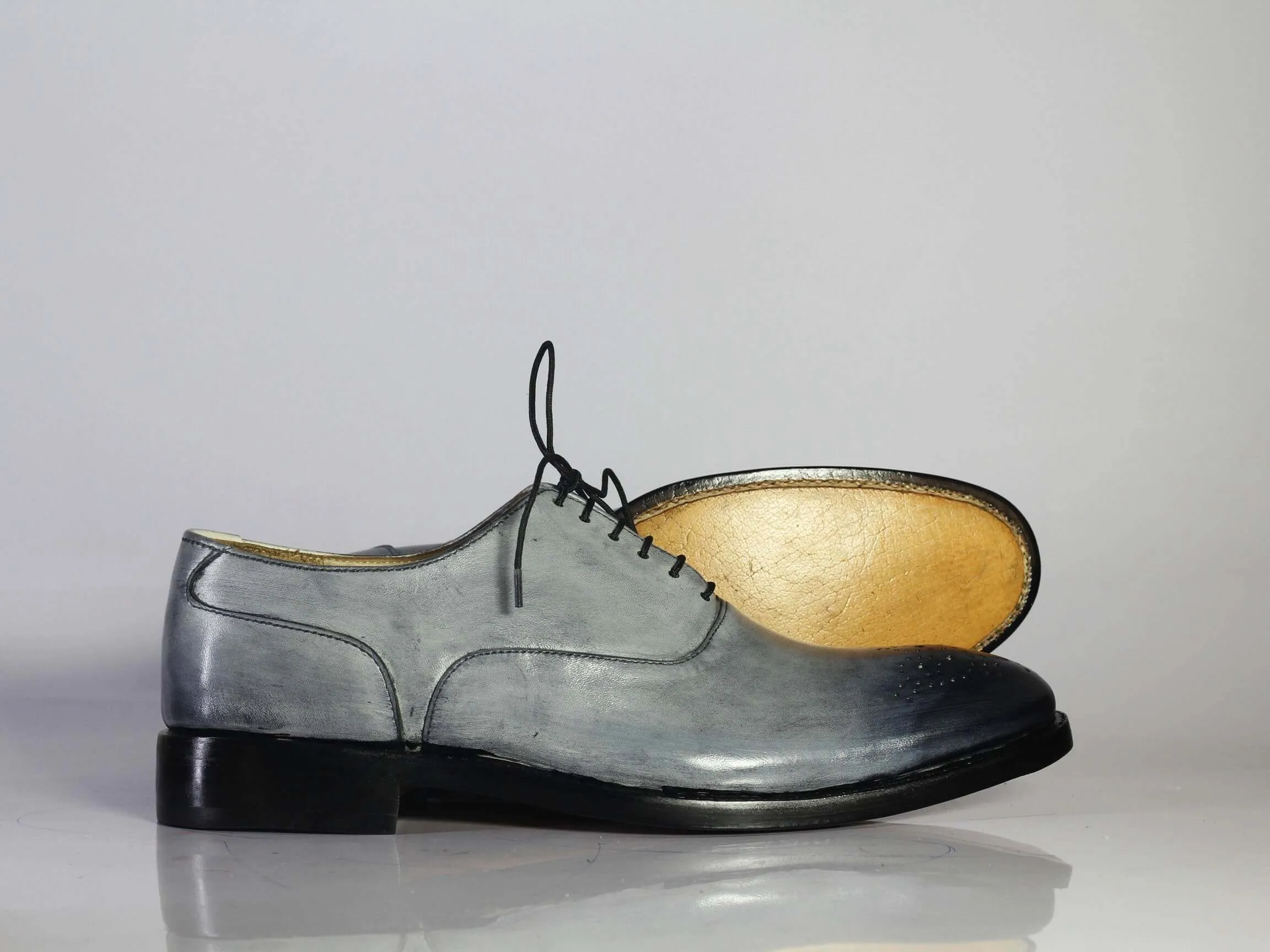 Bespoke Gray Black Leather Lace Up Shoe for Men