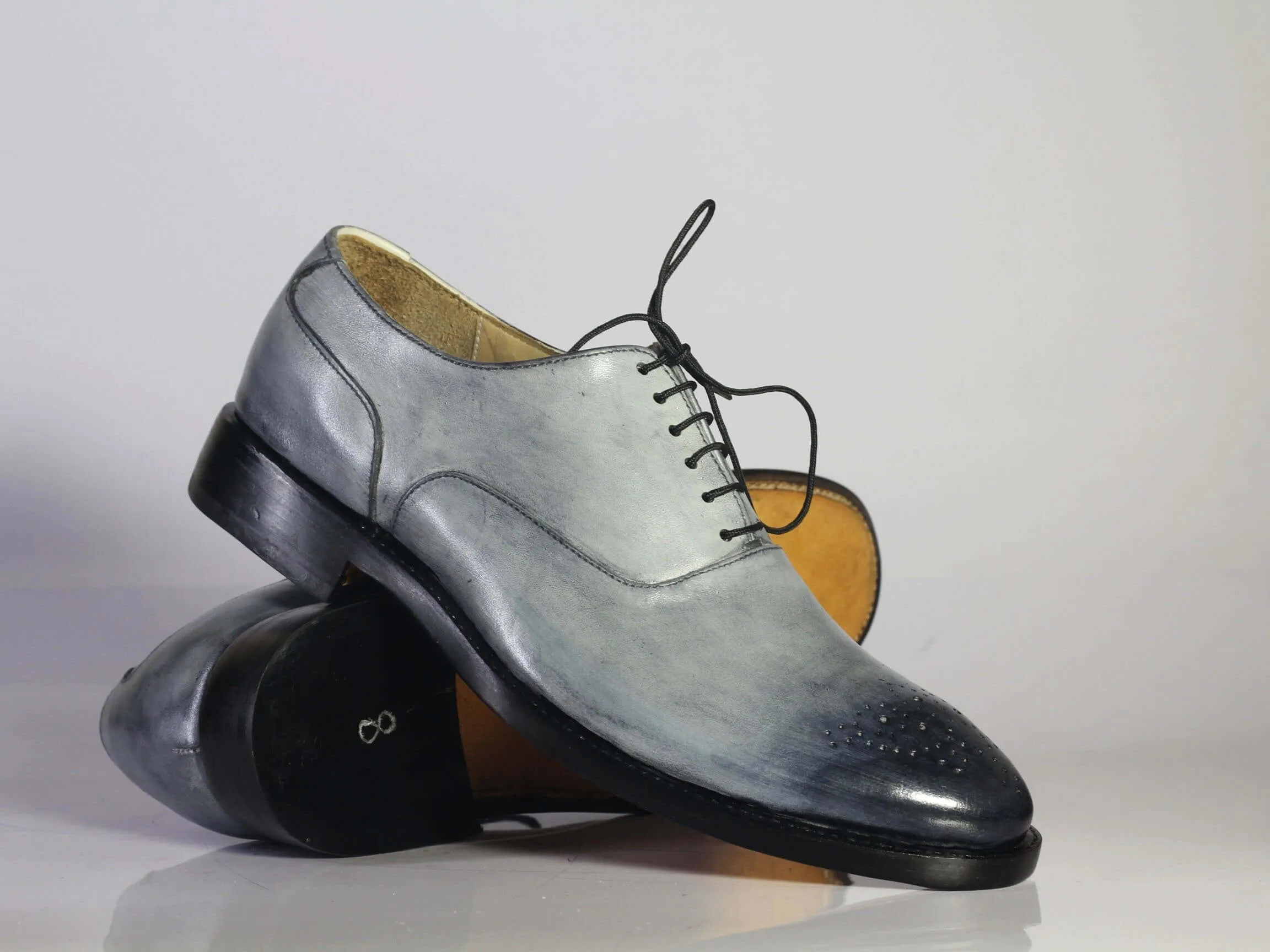 Bespoke Gray Black Leather Lace Up Shoe for Men