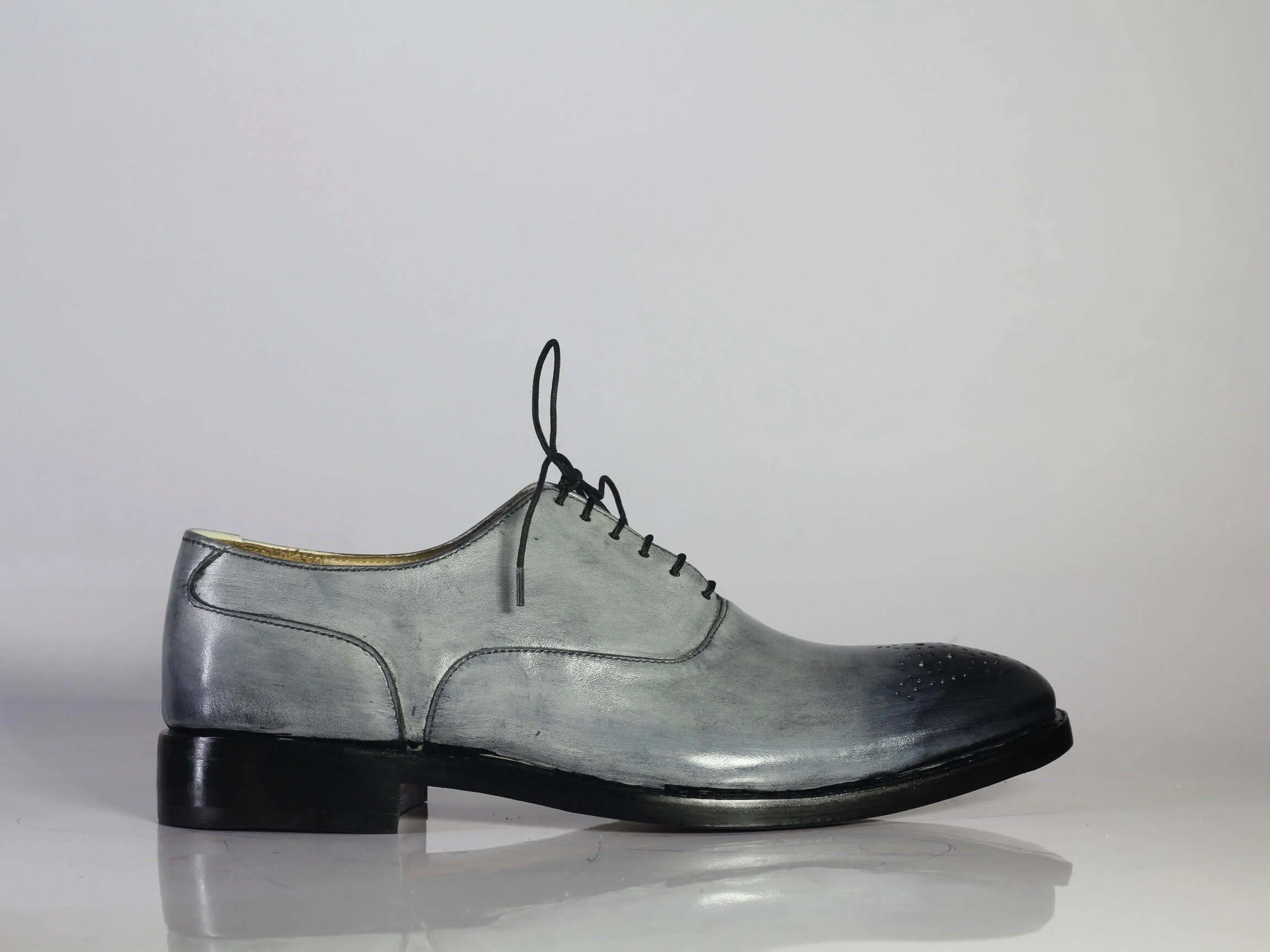 Bespoke Gray Black Leather Lace Up Shoe for Men