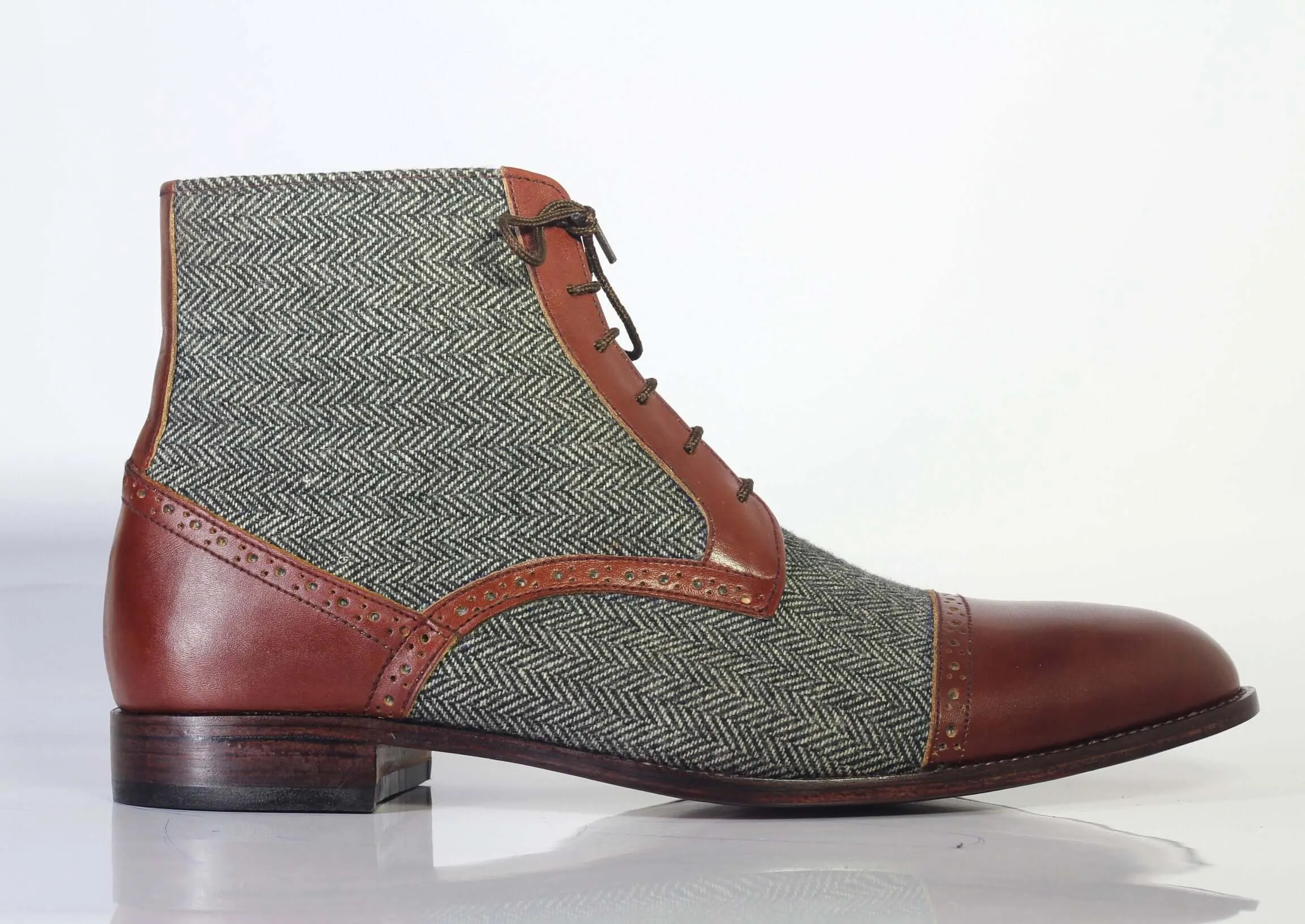 Bespoke Gray Brown Tweed Leather&Leather Ankle Cap Toe Lace Up Boots