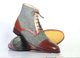 Bespoke Gray Brown Tweed Leather&Leather Ankle Cap Toe Lace Up Boots