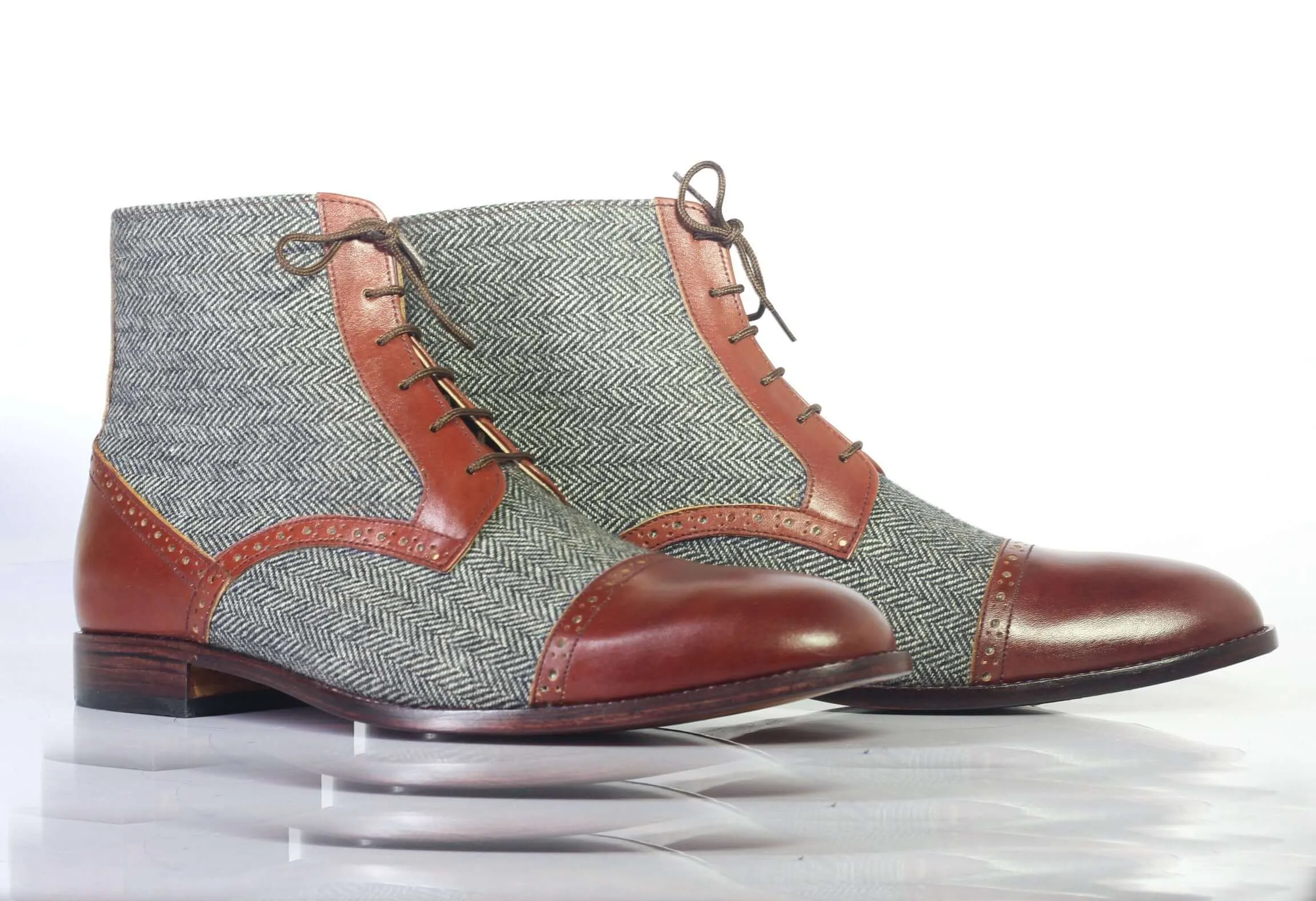 Bespoke Gray Brown Tweed Leather&Leather Ankle Cap Toe Lace Up Boots