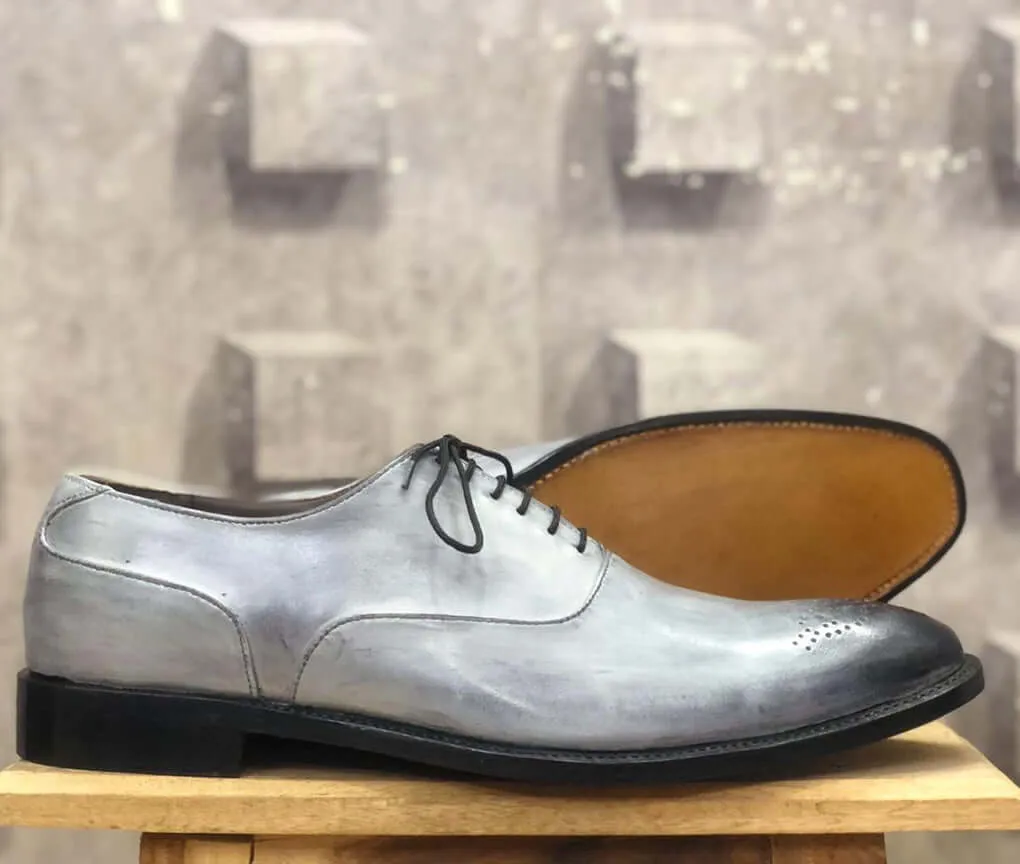 Bespoke Gray Leather Brogue Toe Lace Up Shoe for Men