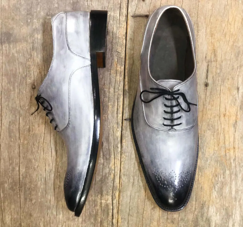 Bespoke Gray Leather Brogue Toe Lace Up Shoe for Men