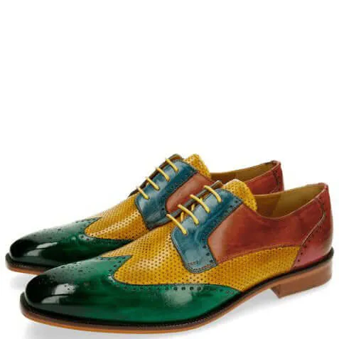 Green yellow Wing tip Oxford Shoes Dress Party Shoes Men Leather Brogues Shoes