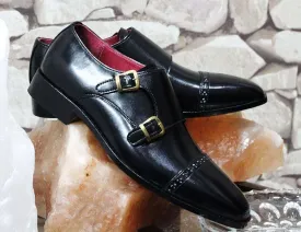 Handmade Black Leather Monk Men's Cap Toe Shoe