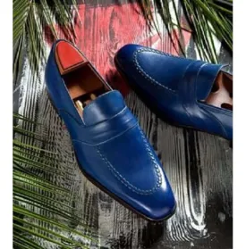 Handmade Blue Leather Penny Loafers Shoes For Men's