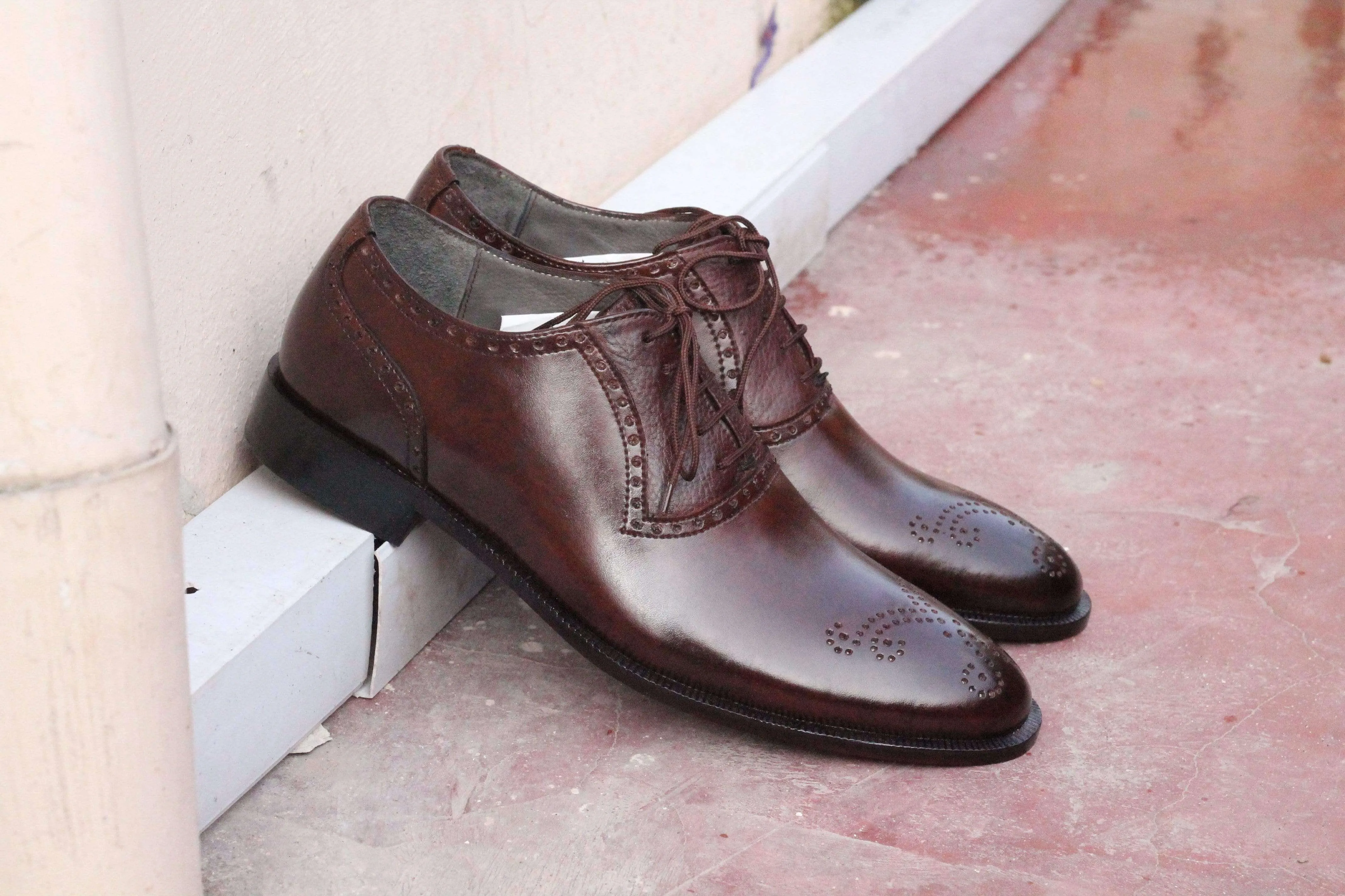 Handmade Brown Leather Brogue Lace Up Men's Shoe