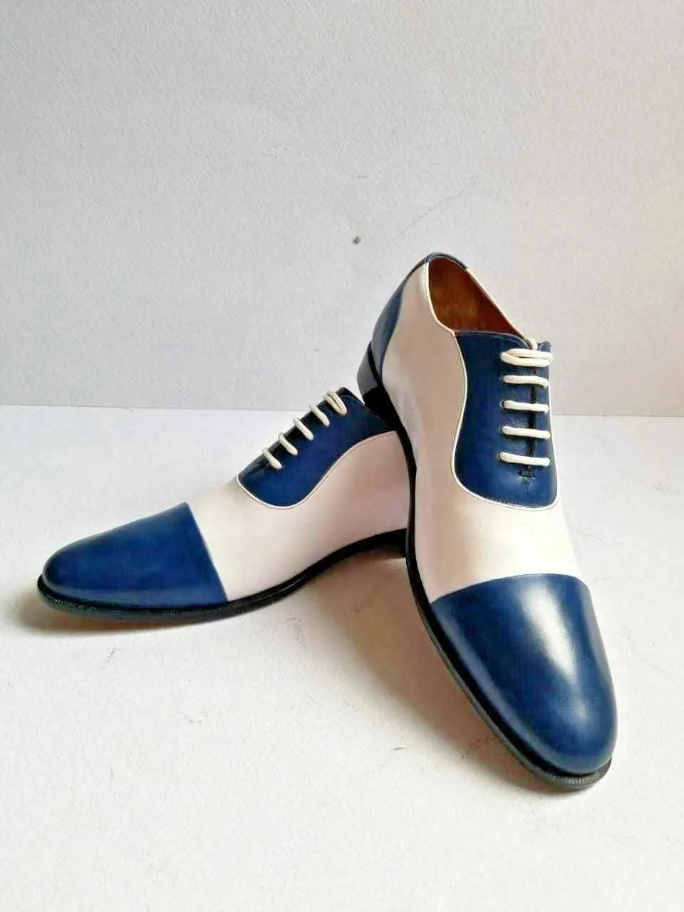 Handmade Men's Leather White Blue Cap Toe Shoes