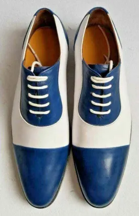 Handmade Men's Leather White Blue Cap Toe Shoes