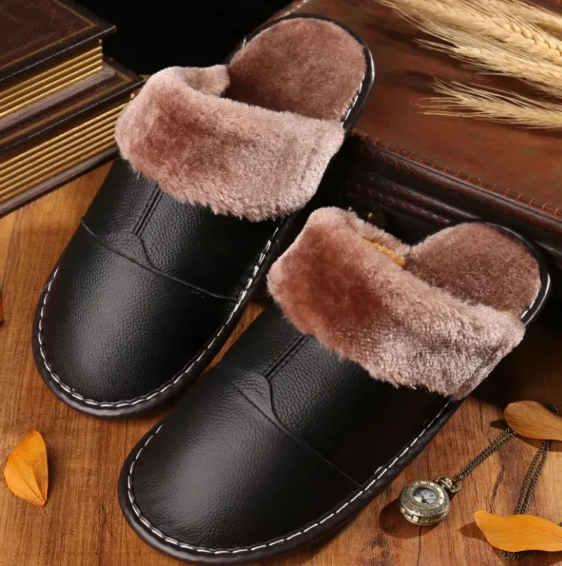 Leather Slippers with Fur Lining for Men