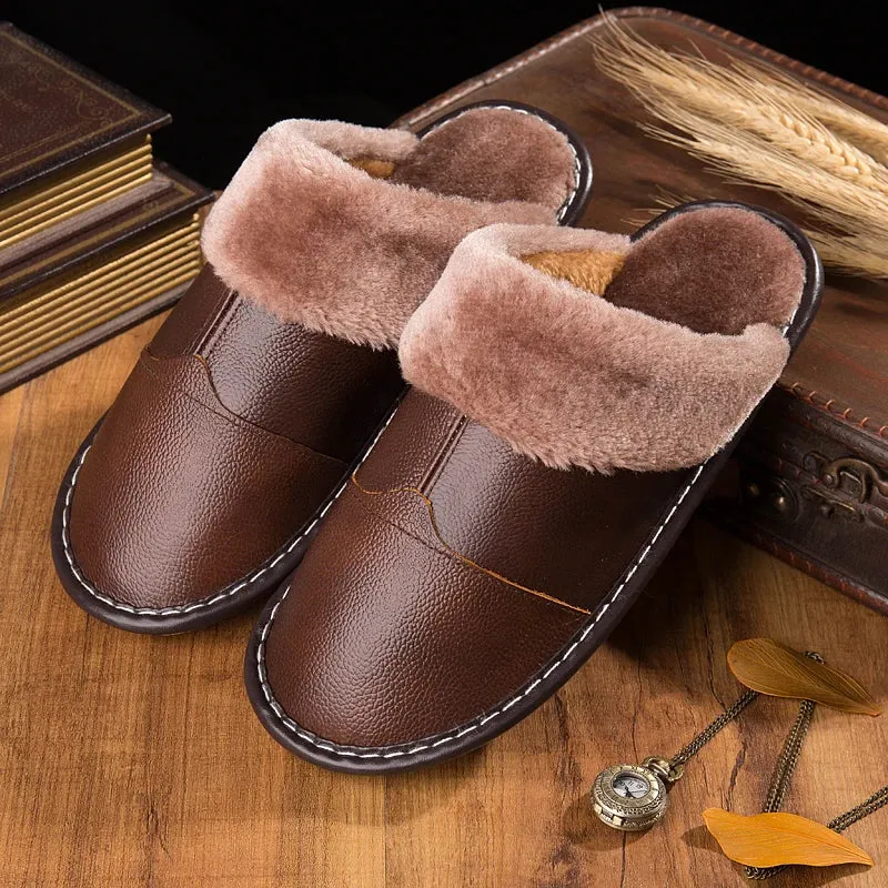 Leather Slippers with Fur Lining for Men