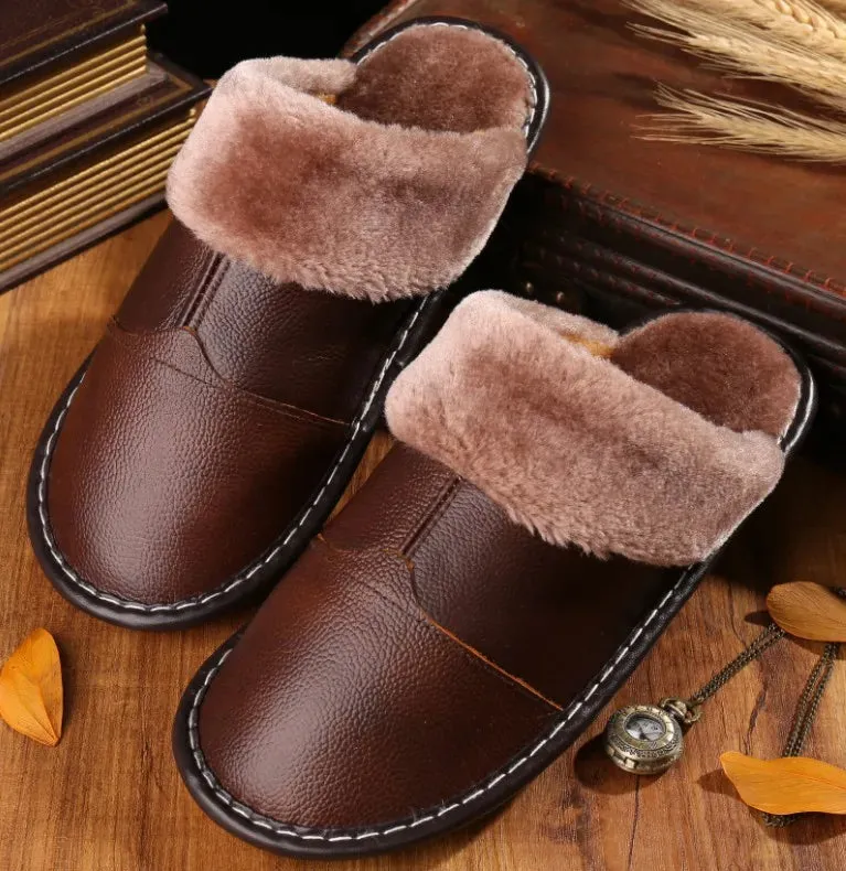 Leather Slippers with Fur Lining for Men