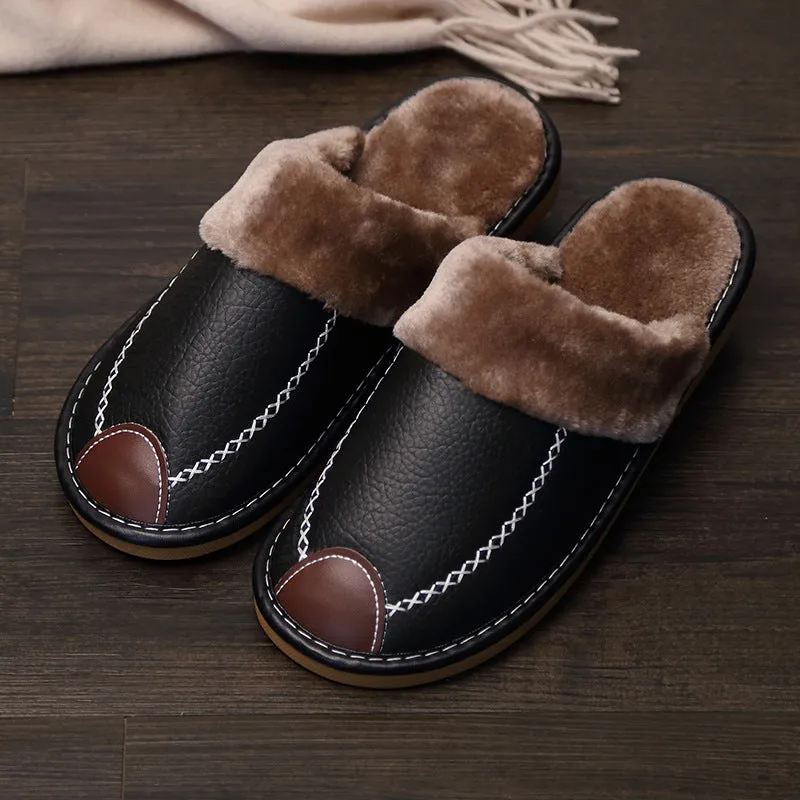 Leather Slippers with Plush Lining for Men