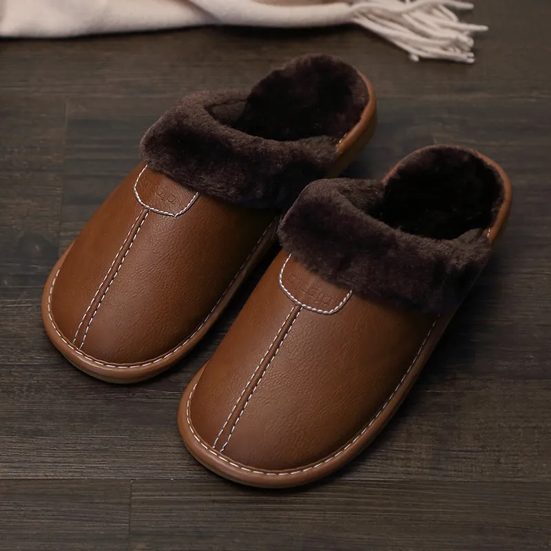 Leather Slippers with Plush Lining for Men