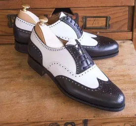 Men's Leather White Brown Wing Tip Brogue Lace Up Shoes