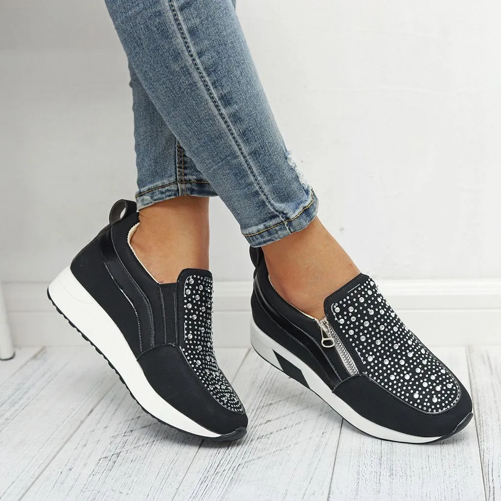 OCW Women Sneakers Orthopedic Wedge Side Zipper Sparkling Design Nonslip Easy-to-wear