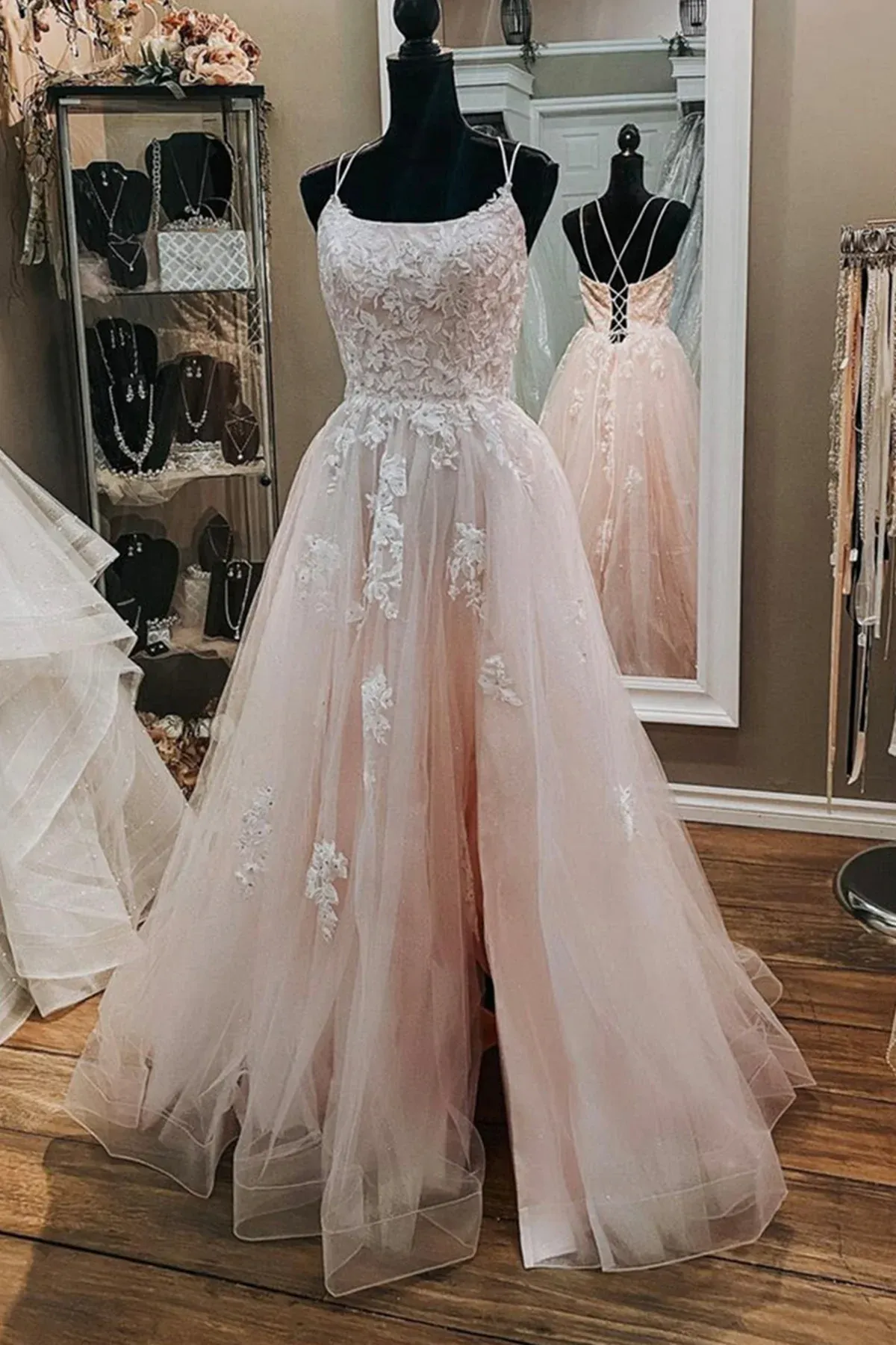 Pink Tulle  Lace Appliques A Line Open Back Long Prom Dress, Pink Party Dress