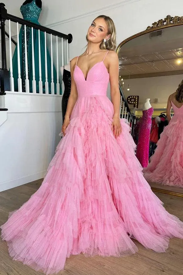 Pink V-Neck Empire Waist Tiered Long Prom Dress with Ruffles  PSK409